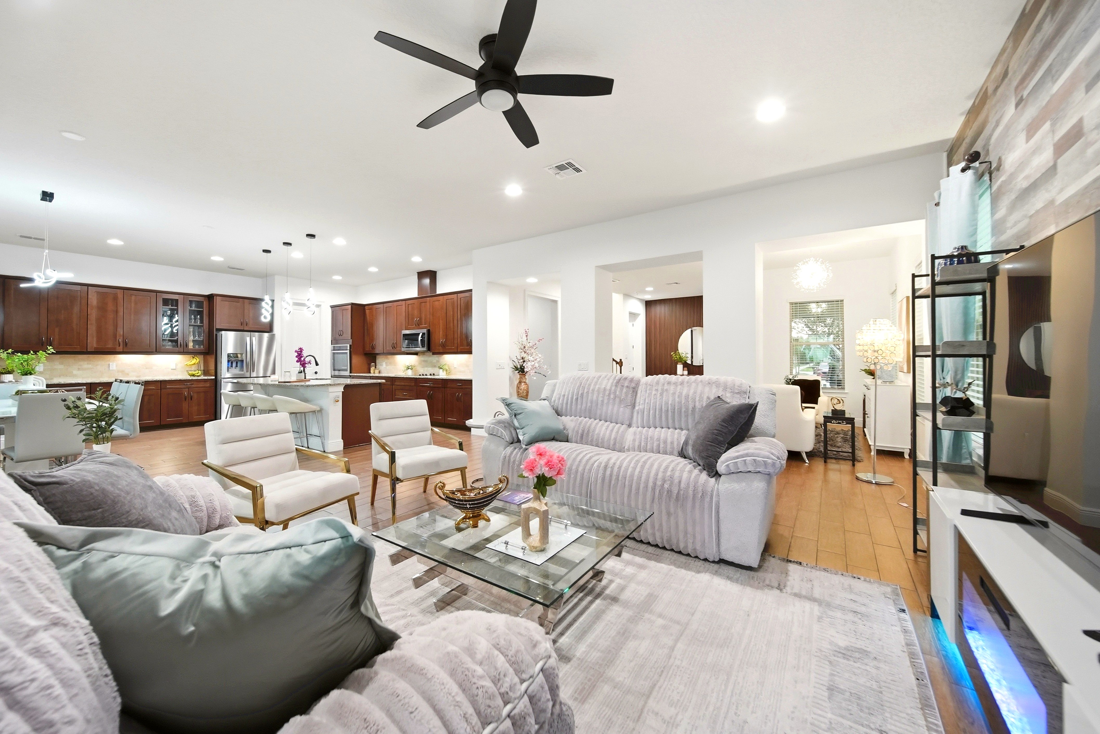 Living room with open kitchen view