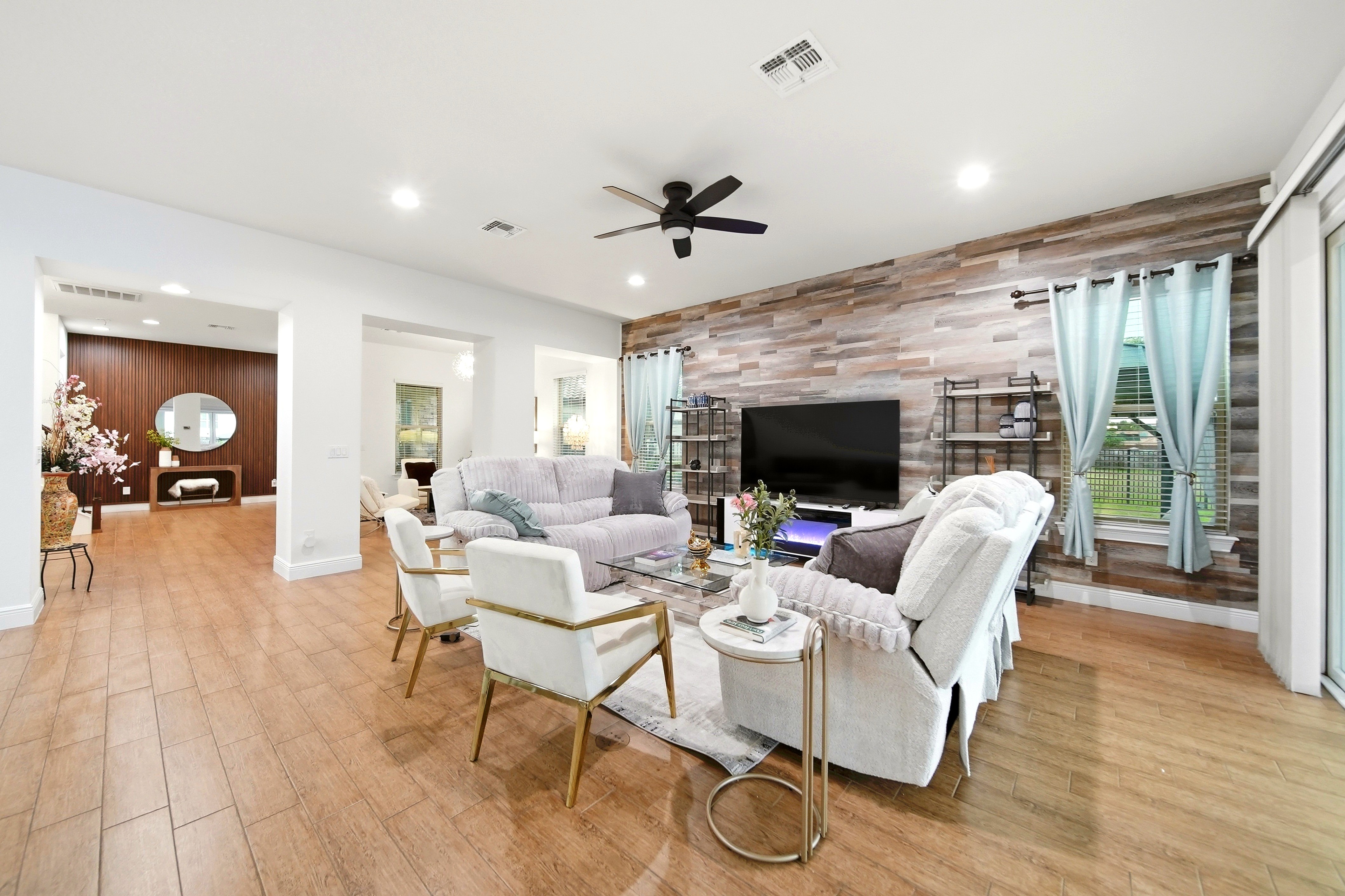 Living room with wood accent wall